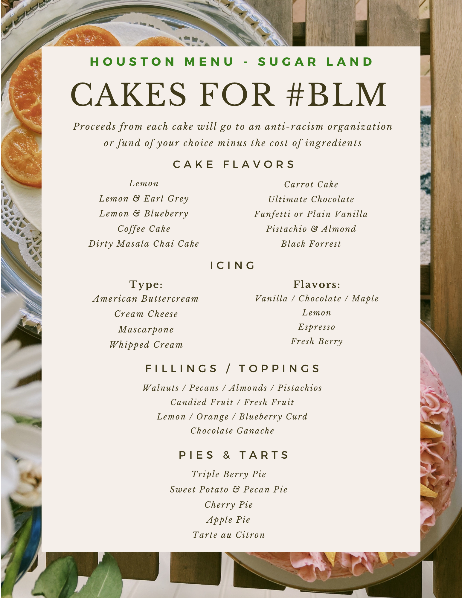 menu for sugar land, houston hub of cakes for blm