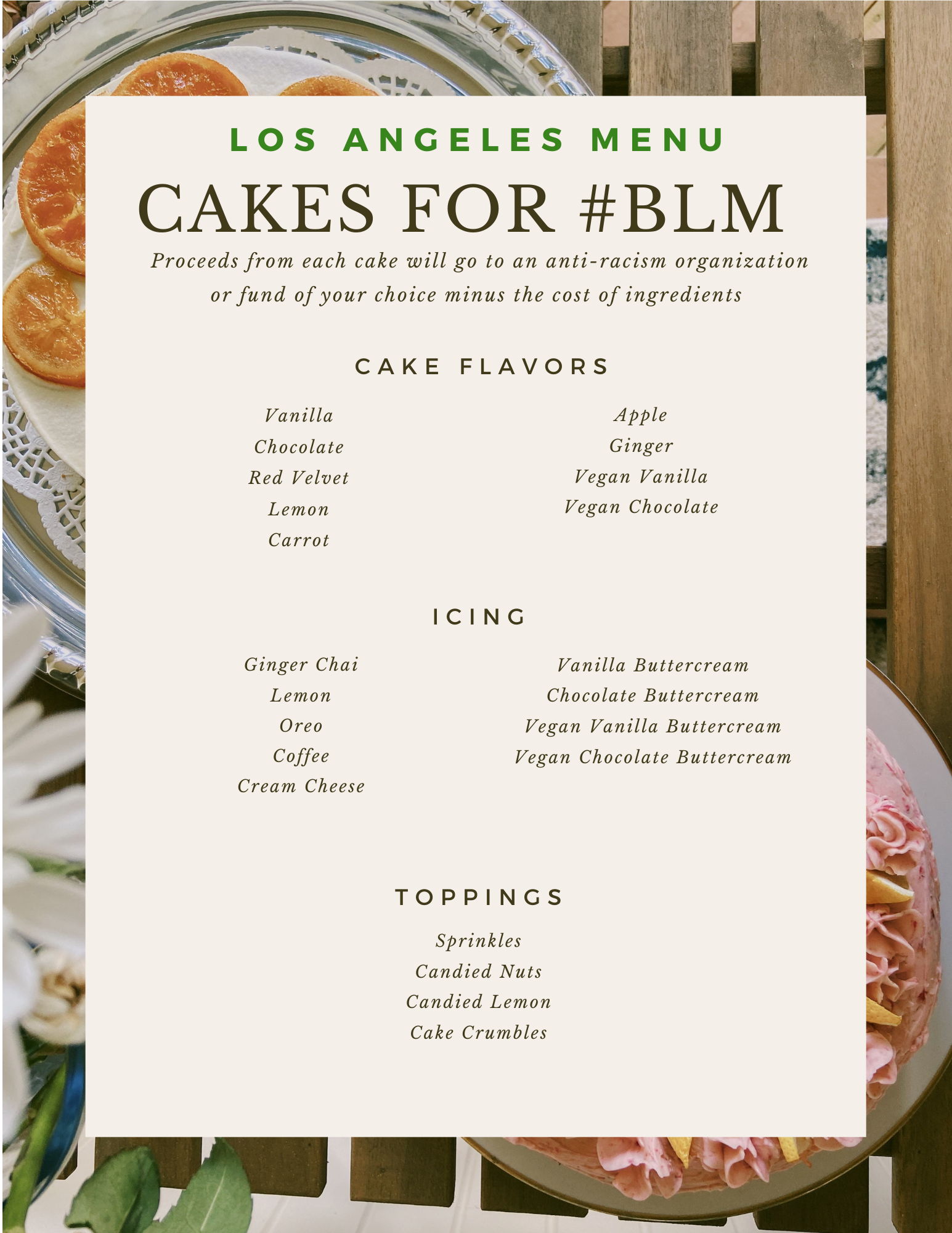 menu for los angeles hub of cakes for blm