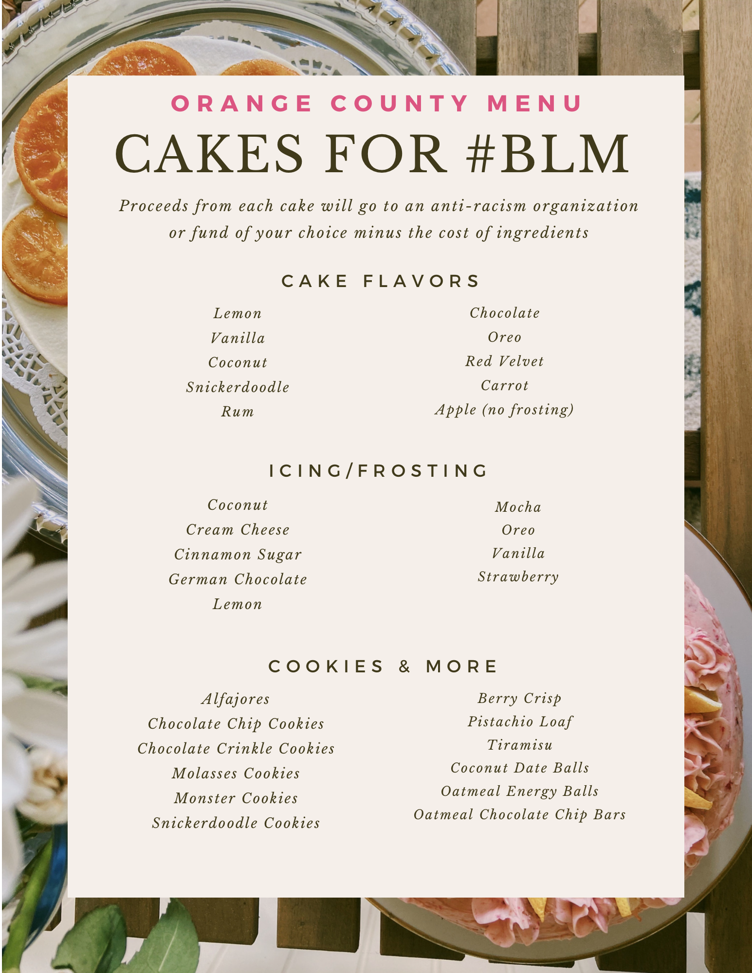 menu for orange county hub of cakes for blm