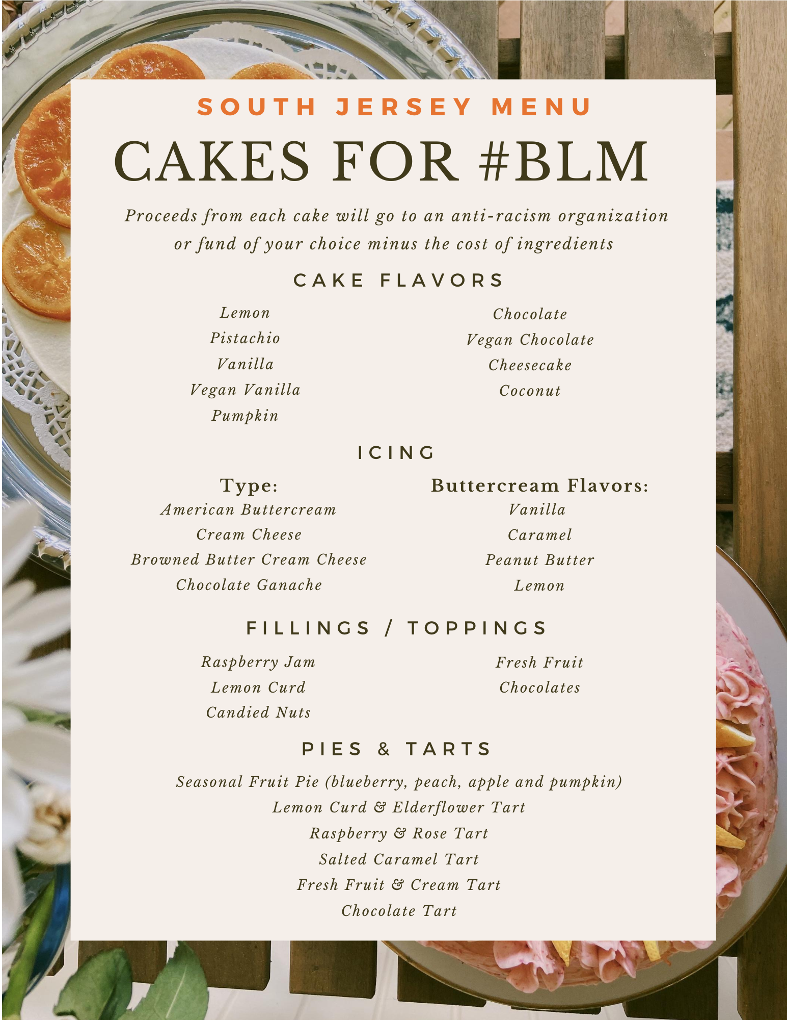 menu for south jersey hub of cakes for blm